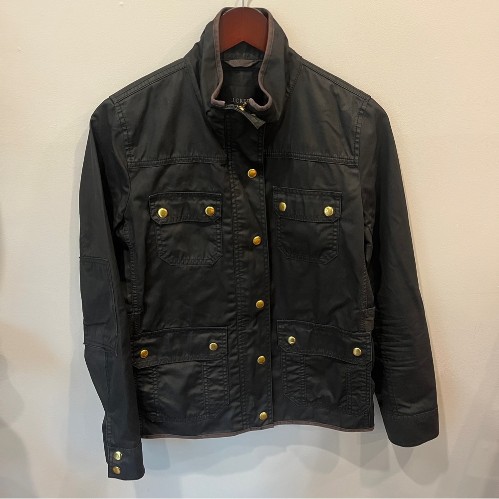 J Crew Jacket Women Small Black Waxed Relaxed Field Elbow Patches